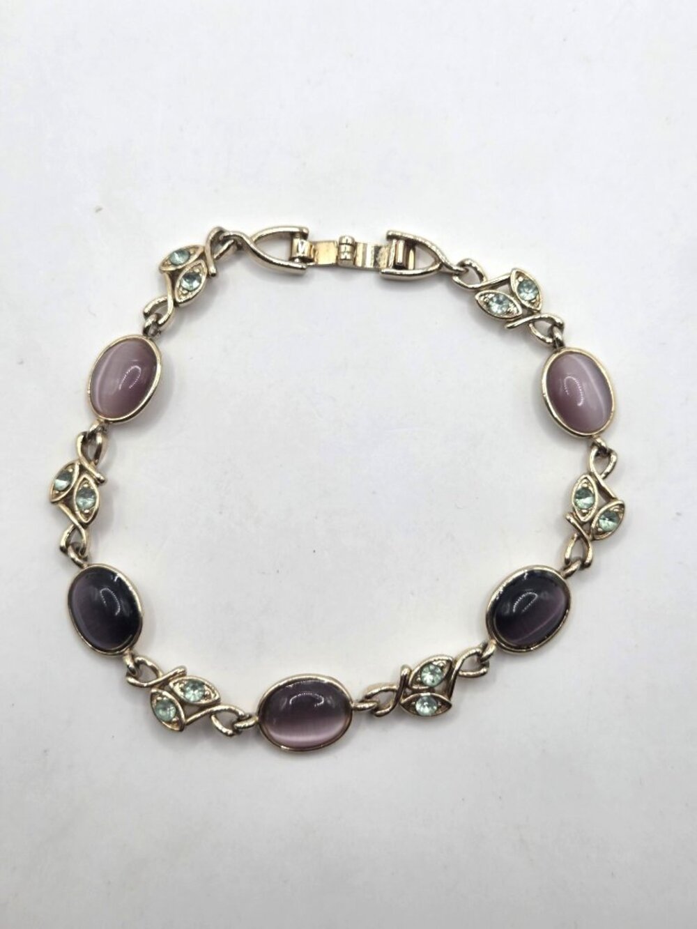 Gold-Tone Bracelet With Lavender & Green Gemstone Accents Oval Link Design Secur